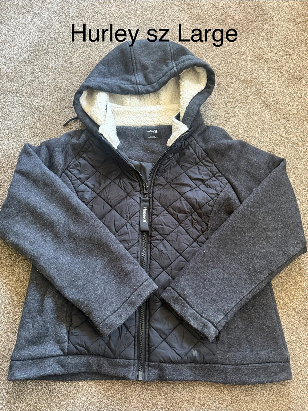 Hurley Kids' Charcoal Quilted Hooded Jacket sz Large
